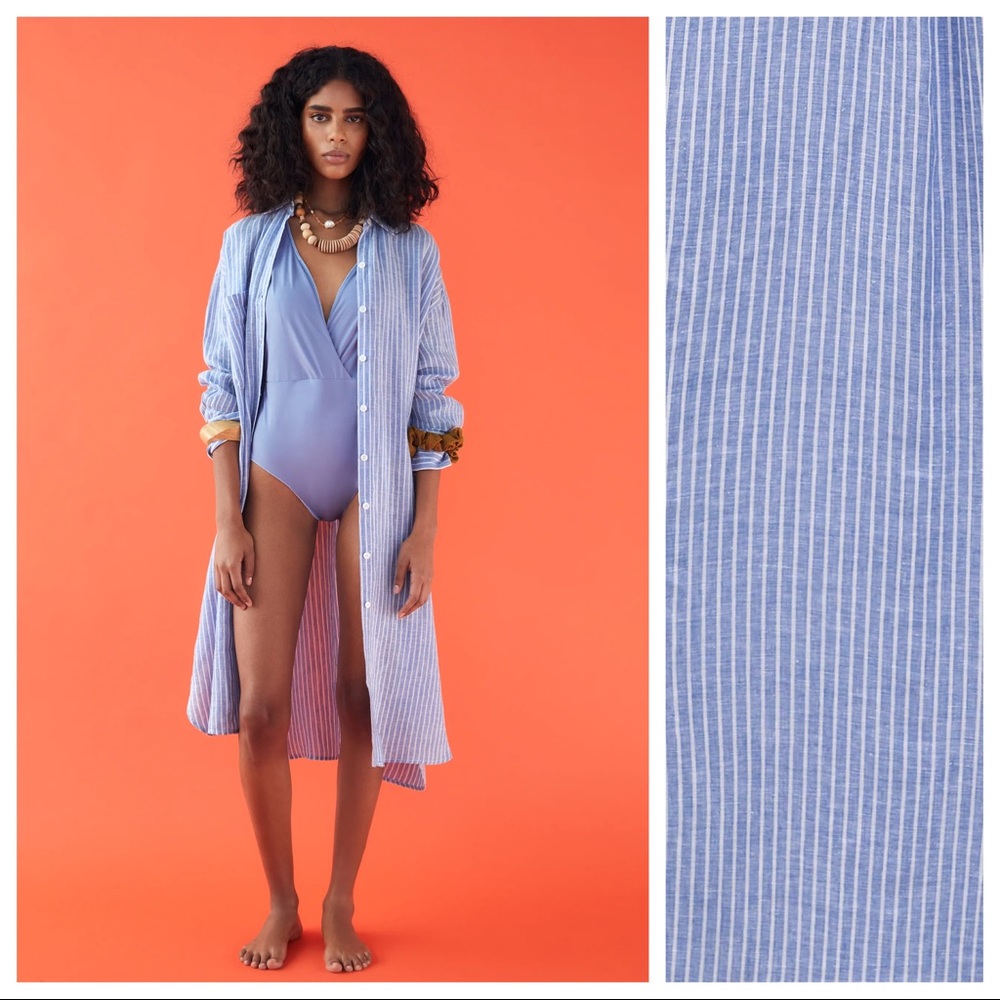 Zara Blue Striped Button Down Linen Shirt